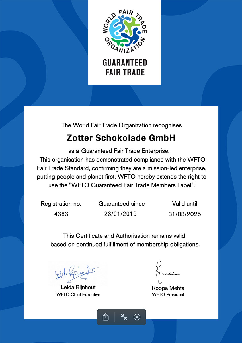 Zotter WFTO Member Certificate 2019-2024