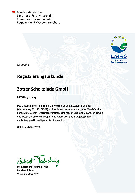 Zotter EMAS-Zertifikat