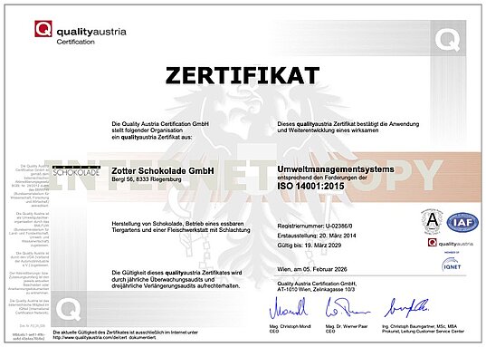 Zotter Umweltmanagement ISO-14001-Zertifikat