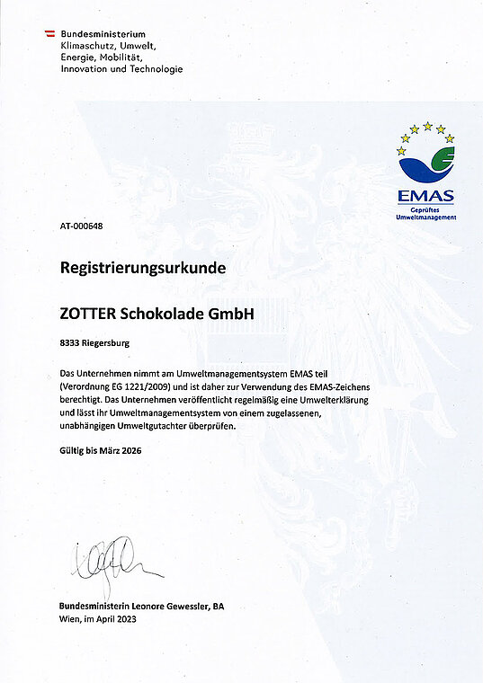 Zotter EMAS-Zertifikat