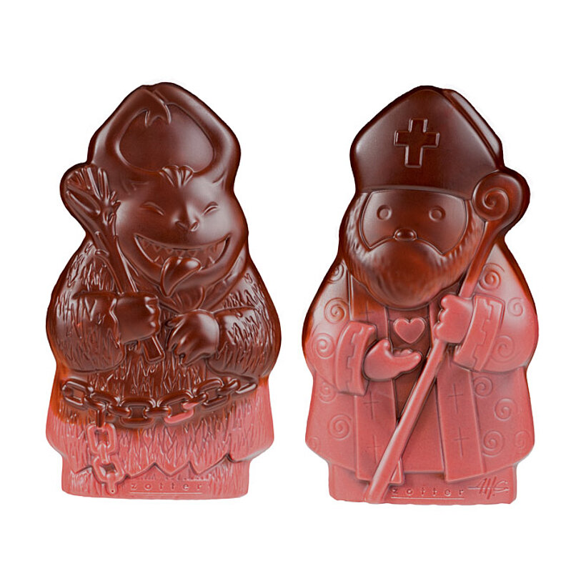 Doppelfigur: Nikolo & Krampus – Dunkle Schoko & Himbeer-Kokos, VEGAN