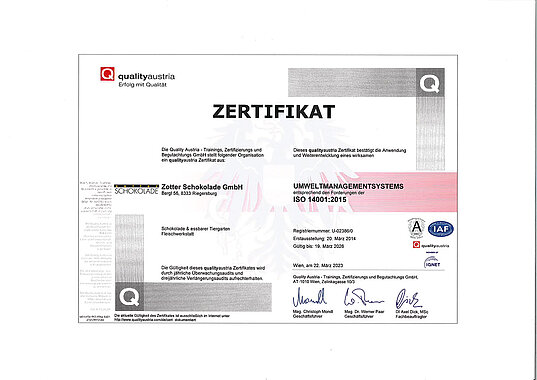Zotter Umweltmanagement ISO-14001-Zertifikat