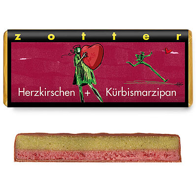 Herzkirschen + Kürbismarzipan • handgeschöpfte Schokolade