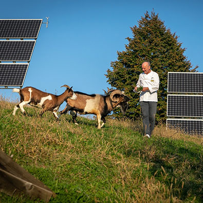 Josef Zotter im Essbaren Tiergarten mit Photovoltaik-Anlage