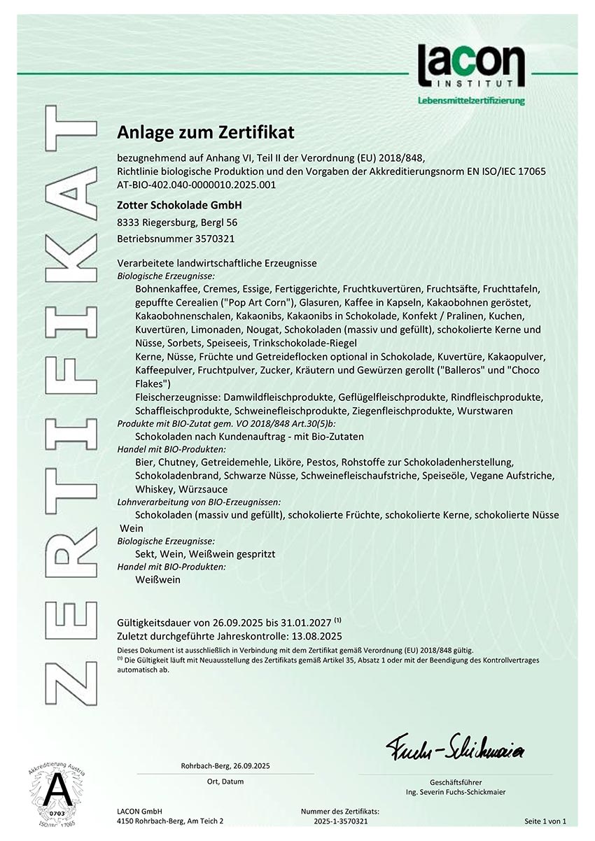 Zotter Bio-Zertifikat 2026/2027