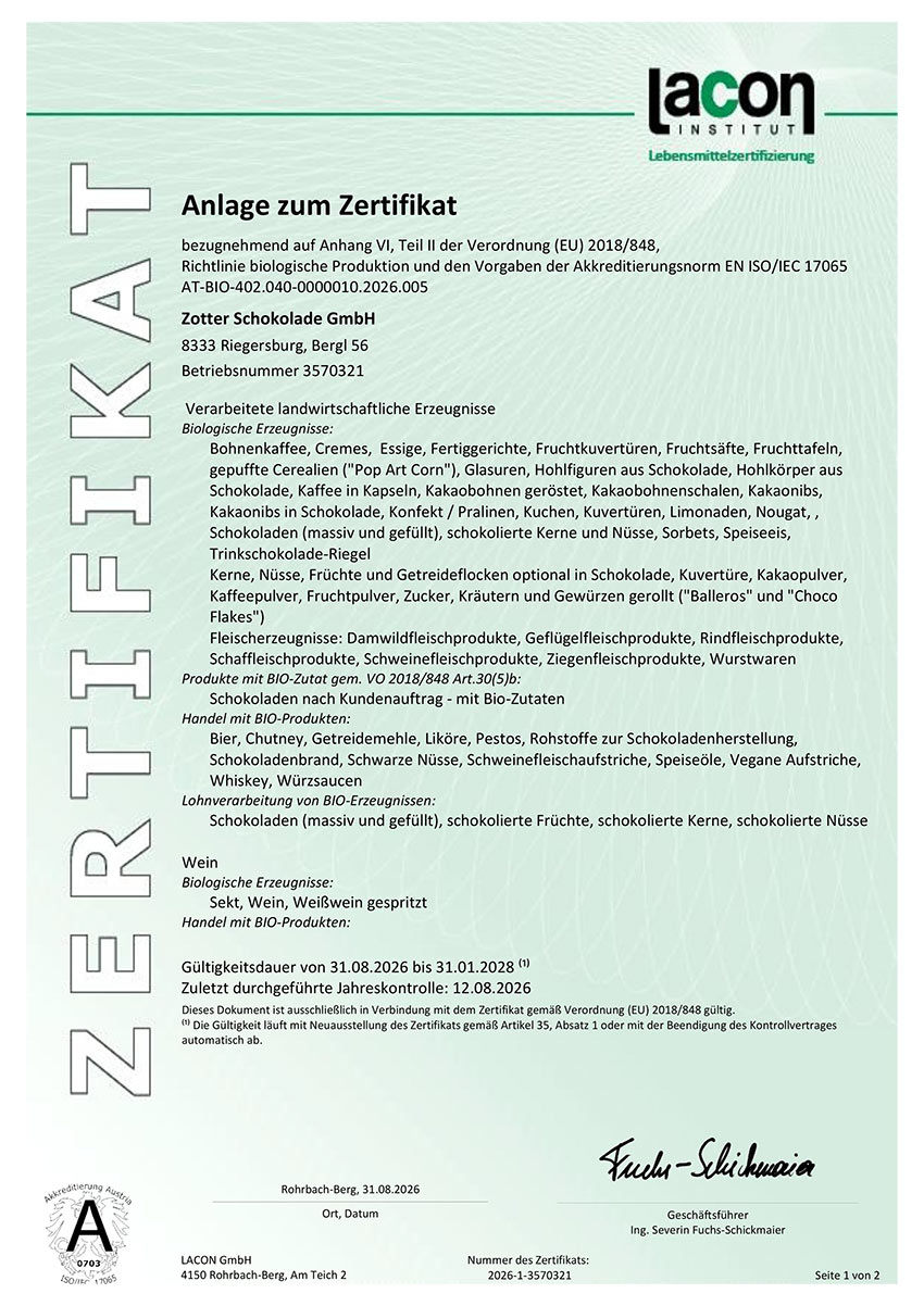Zotter Bio-Zertifikat 2026/2027