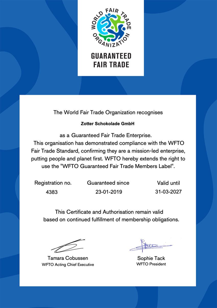 Zotter WFTO Member Certificate 2019-2026