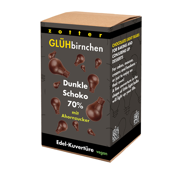 Glühbirnchen – 70% Dunkle Schoko mit Ahornzucker 1300g