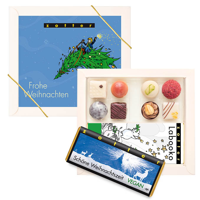 Biofekt Set - Weihnachten 8+2 VEGAN Geschenkset mit 8 Bio-Pralinen und 2 Weihnachtsschokoladen, die komplett vegan und alkoholfrei sind. 8 handgemachte Bio-Pralinen in verführerischen Sorten mit roten Früchten, Nüssen und Beerenmarzipan. Dazu eine handgeschöpfte Schokolade mit der neuen rote Früchte-Füllung und eine pure Labooko, in der eine weiße Kokostafel und eine Milchschokoalternative mit Haferdrink warten.NEUER INHALT + einzelne Designs mit Goldeffekt2 Schokoladen: Schöne Weihnachtszeit, Sorte: Rote Früchtchen (handges