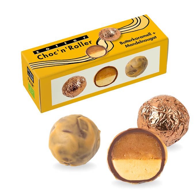 Zotter Butterkaramell + Mandelnougat - Choc 'n' Roller (Packung) alkoholfrei