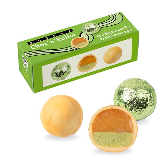 Zotter Marillenkaramell + Kürbiskernnougat - Choc 'n' Roller (Packung) alkoholfrei