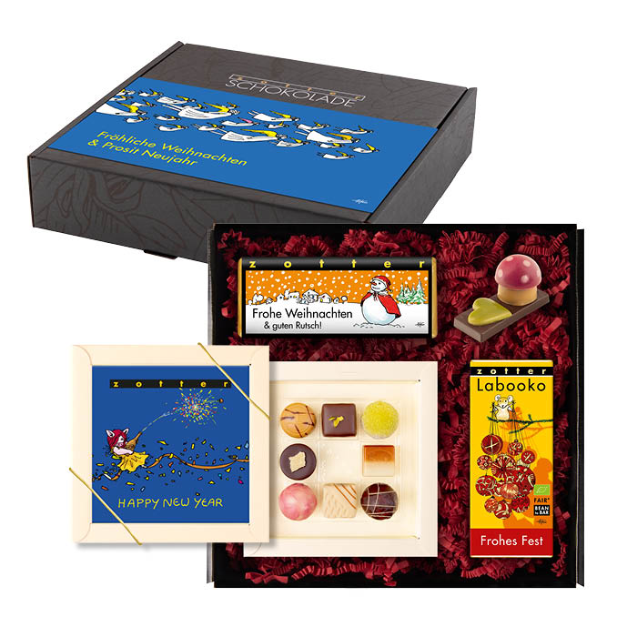 Zotter Fröhliche Weihnachten & Prosit Neujahr - Box small - Geschenkset alkoholhaltig
